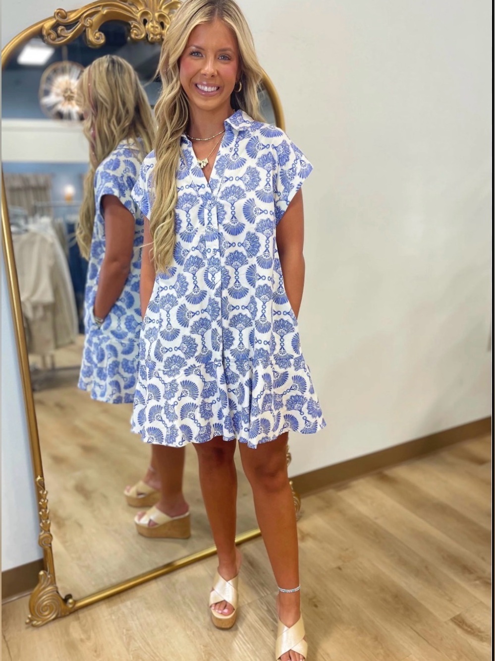 entro Blue and White Printed Mini Dress